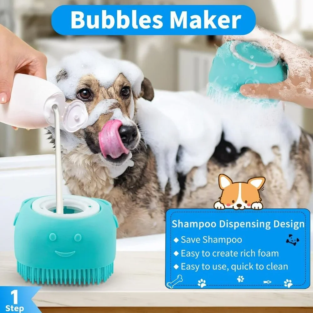 3-in-1 Dog Grooming Brush | Adjustable Handle Shampoo Brush & Scrubber for Short